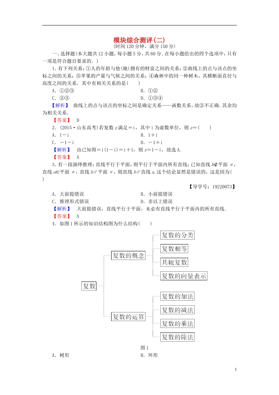 高中数学 模块综合测评2 新人教A版选修1-2-新人教A版高一选修1-2数学试题_第1页