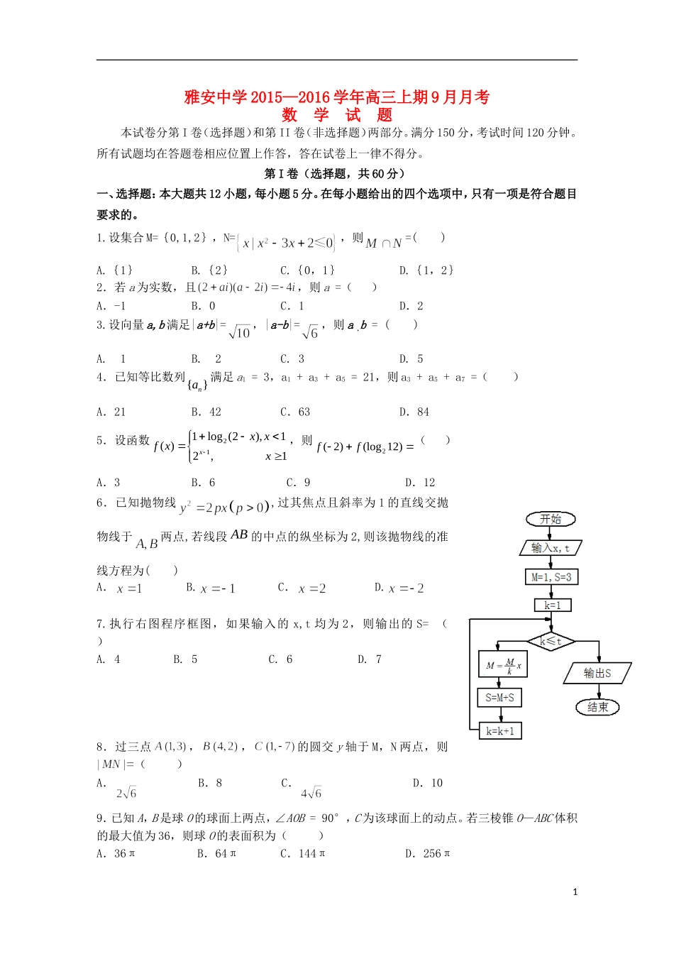 四川省雅安市高三数学9月月考试题 理-人教版高三全册数学试题_第1页