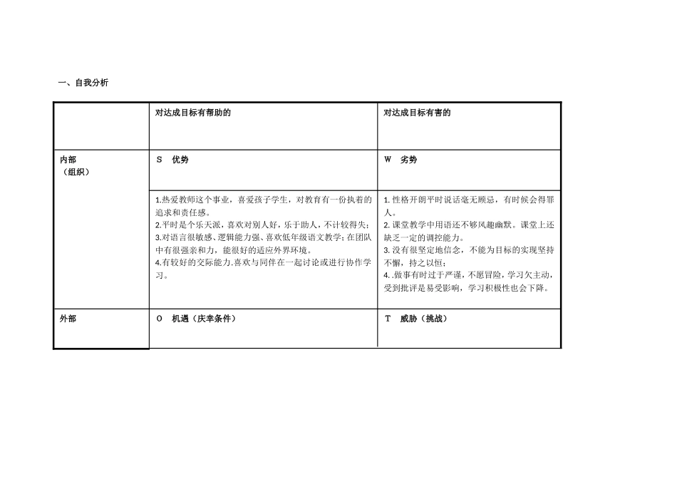 教师个人自我诊断SWOT分析表_第1页