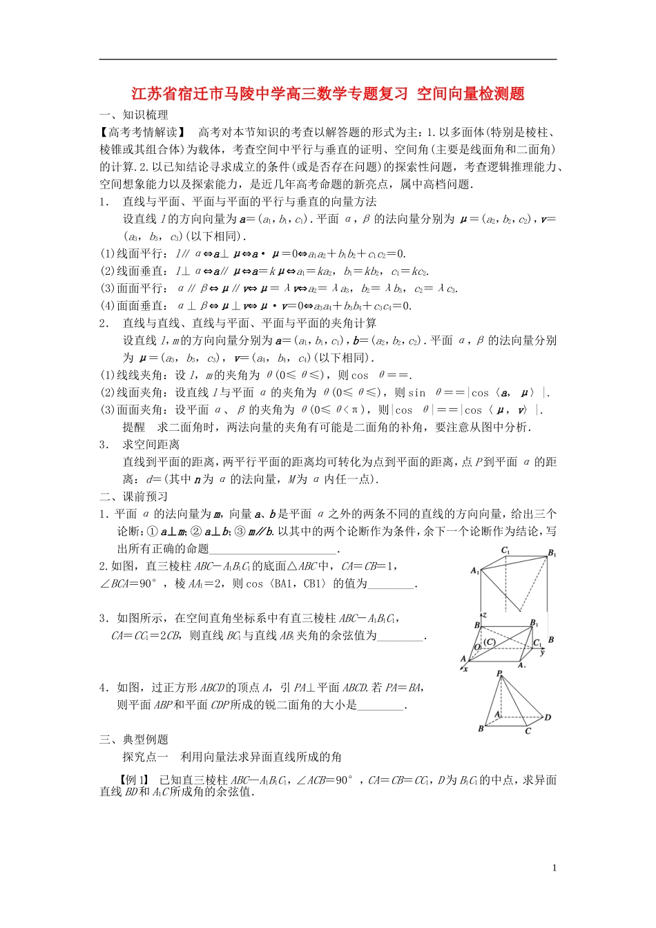江苏省宿迁市马陵中学高三数学专题复习 空间向量检测题_第1页