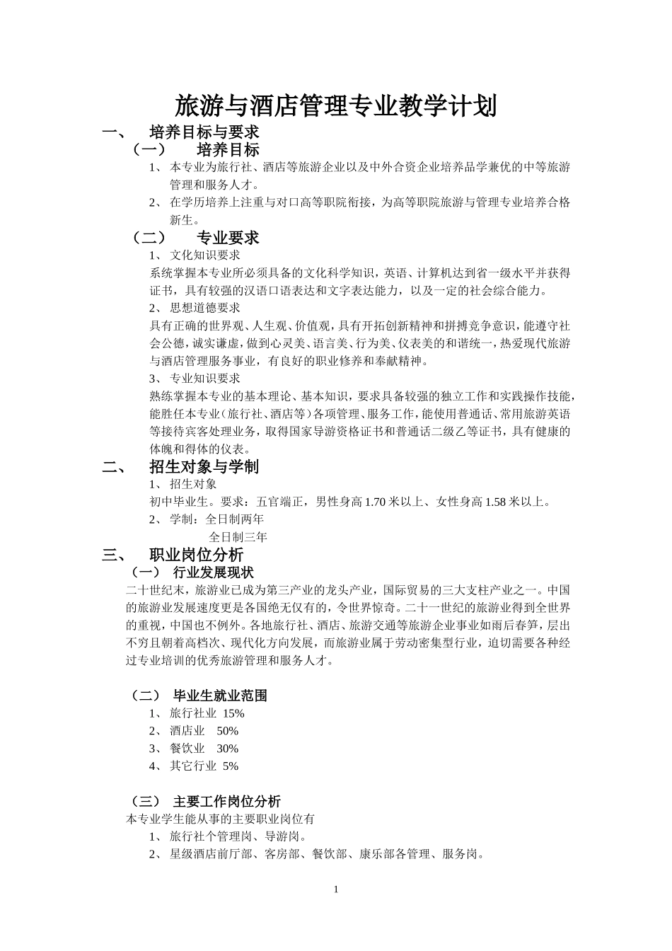 旅游与酒店管理专业教学计划_第1页