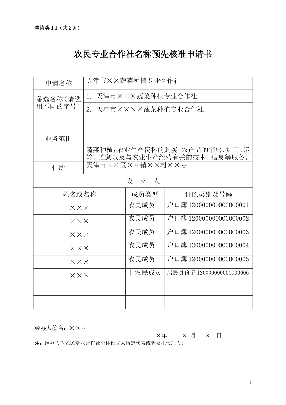 农民专业合作社名称预先核准申请书(范本)_第1页