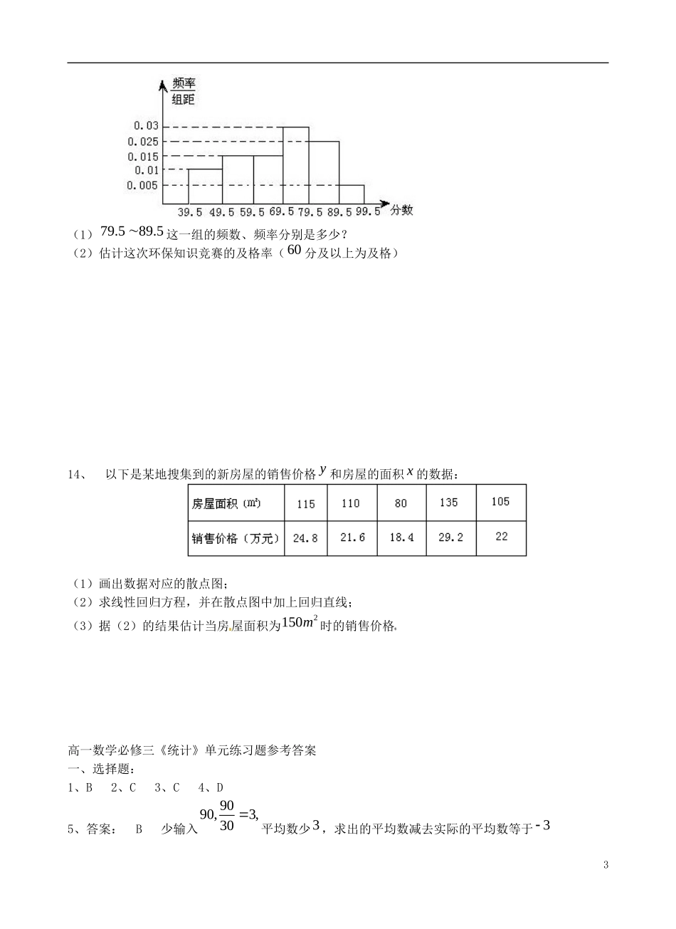河北省高碑店市第三中学高三数学 统计复习单元综合测试_第3页