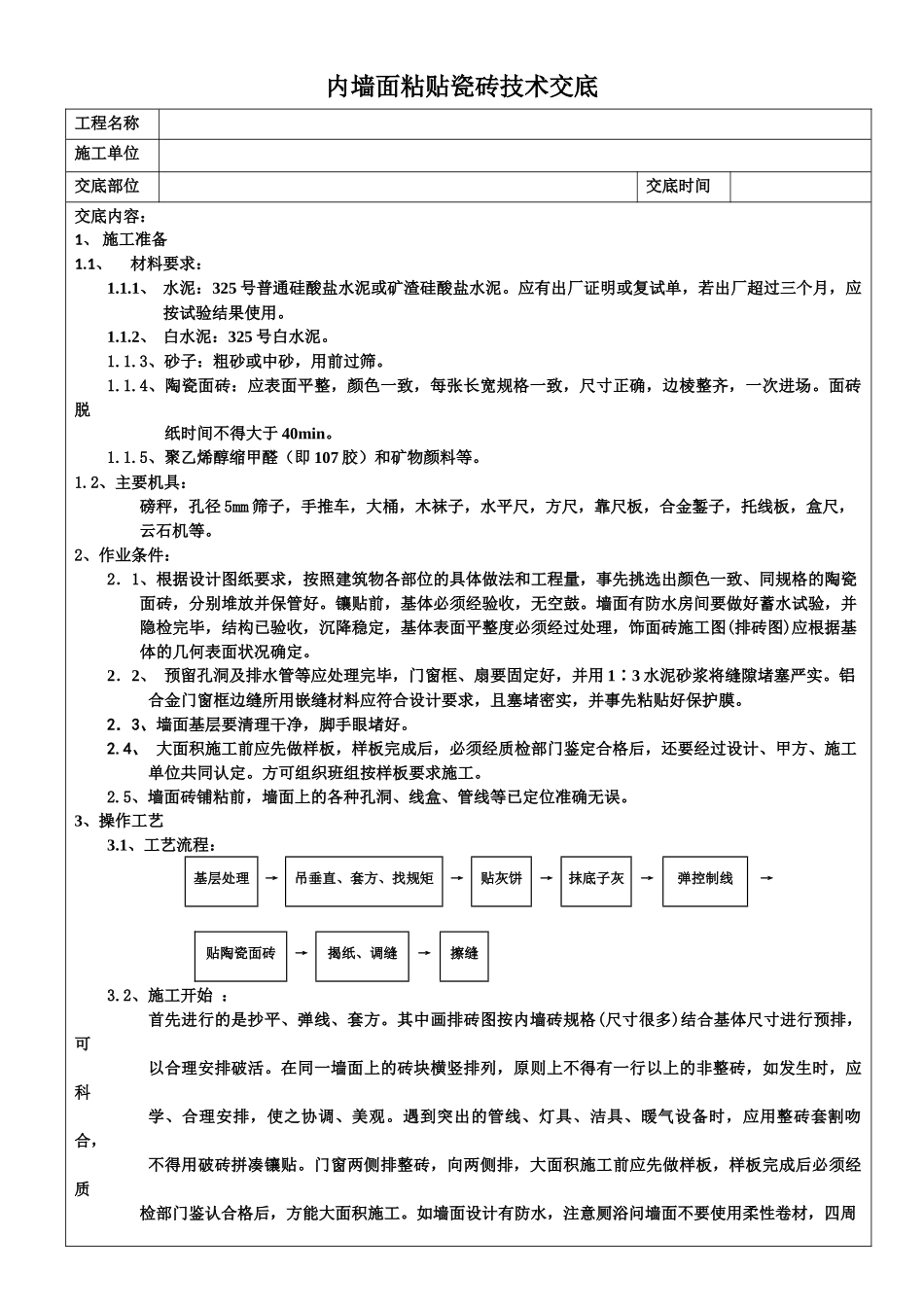 内墙面粘贴瓷砖技术交底_第1页