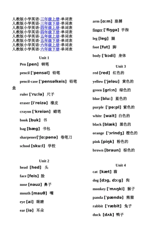 人教版(PEP)小学英语单词表(按年级)