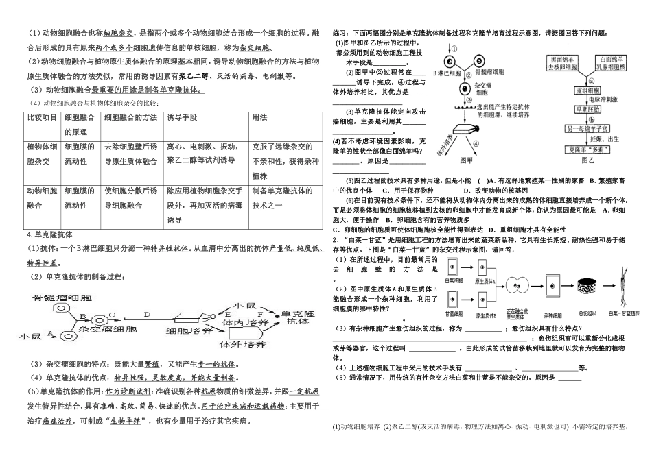 人教版选修3高中生物 细胞工程复习学案包括动植物_第2页