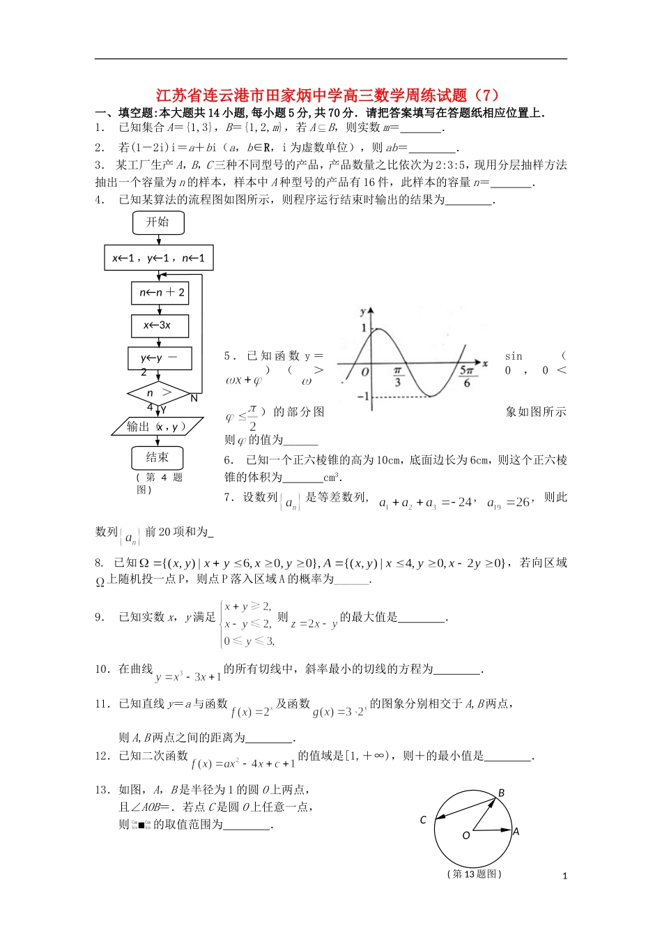 江苏省连云港市田家炳中学高三数学周练试题（7）_第1页