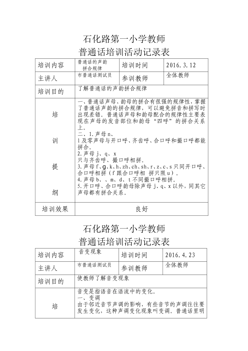 普通话培训记录表_第1页