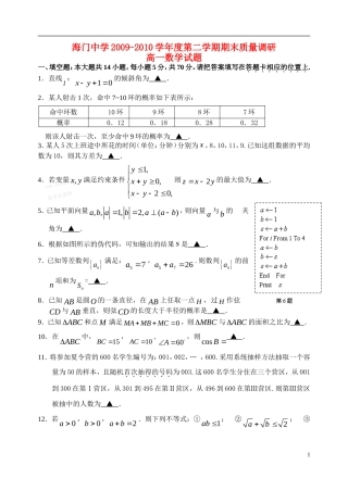 江苏省海门中学09-10学年高一数学下学期期末考试苏教版