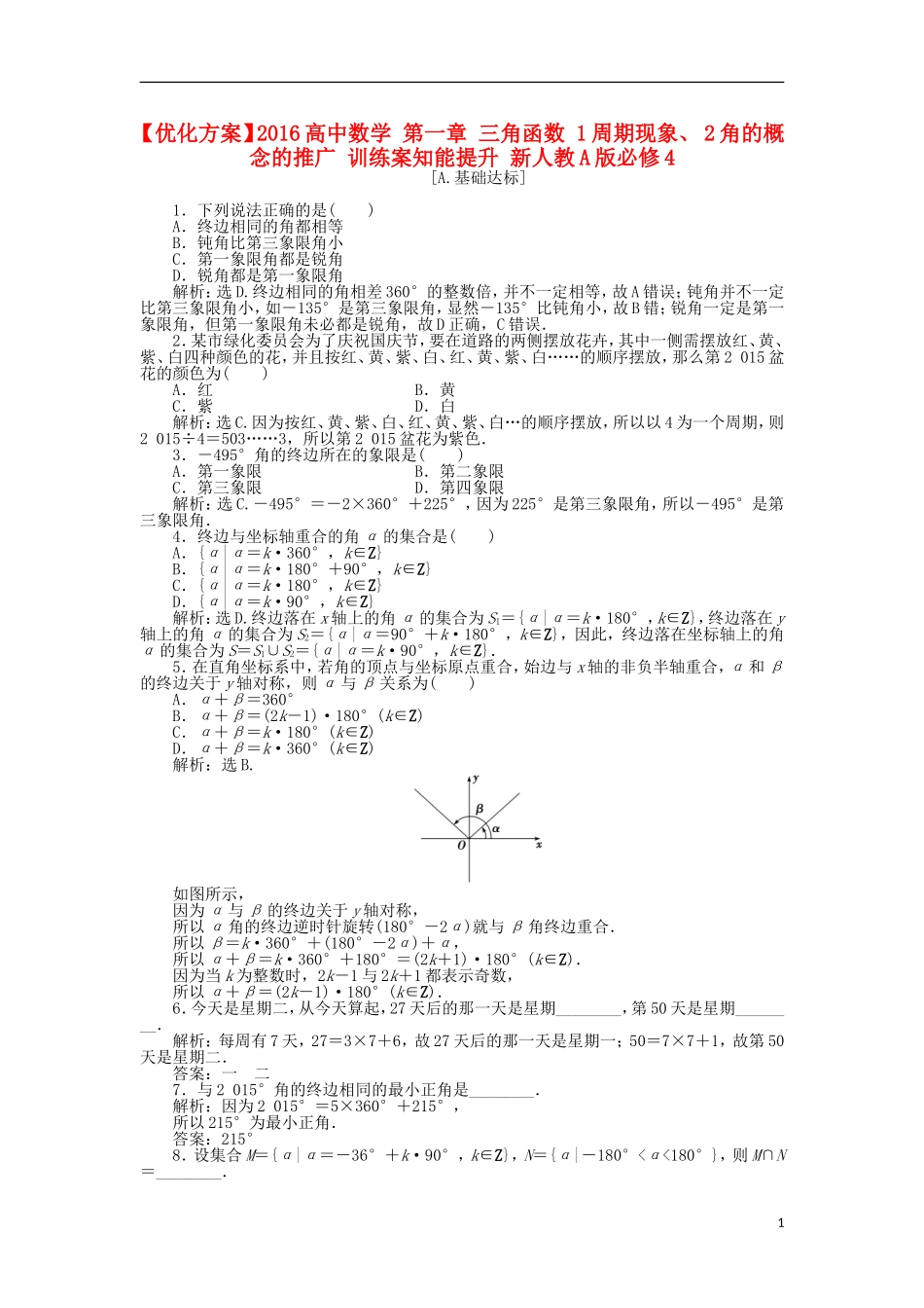 高中数学 第一章 三角函数 1周期现象、 2角的概念的推广 训练案知能提升 新人教A版必修4-新人教A版高一必修4数学试题_第1页