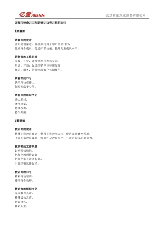 企业八大部门组织文化汇总(含部门使命、职责、口号、文化)