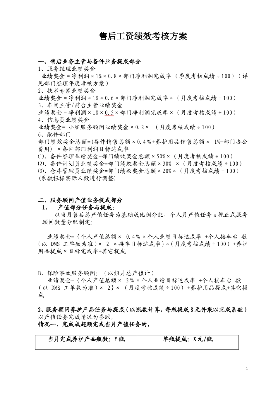 汽车4S店售后服务部工资提成与绩效考核方案_第1页