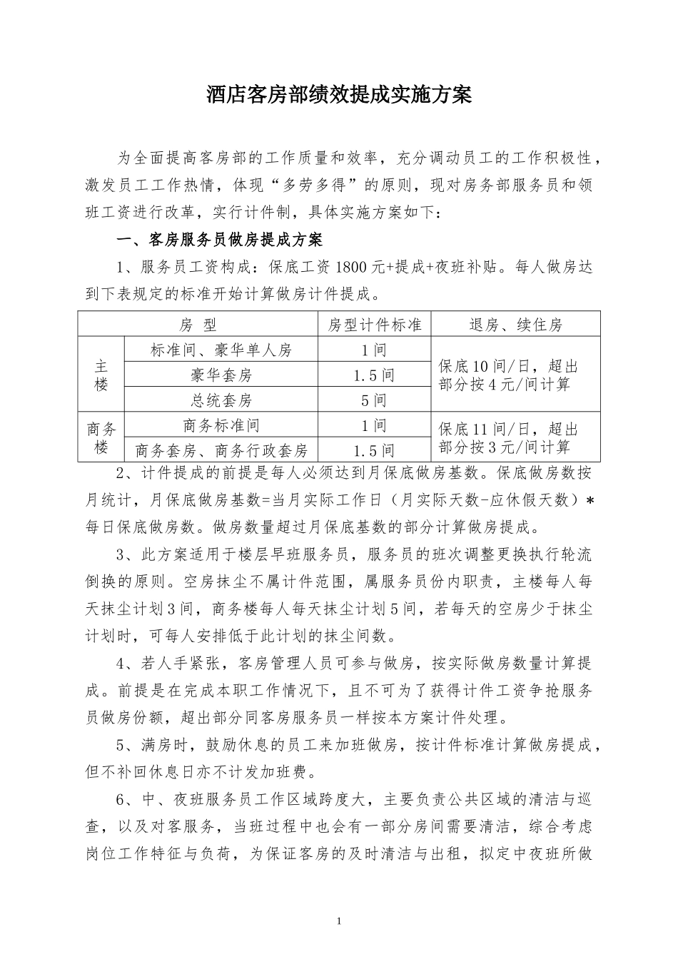 酒店客房部绩效提成方案_第1页