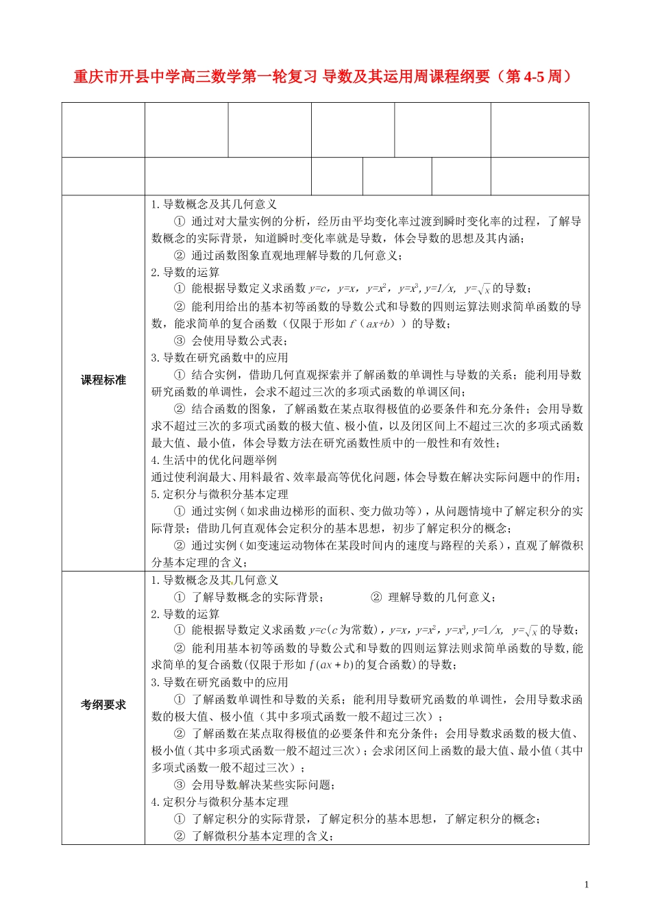 重庆市开县中学高三数学第一轮复习 导数及其运用周课程纲要（第4-5周）_第1页