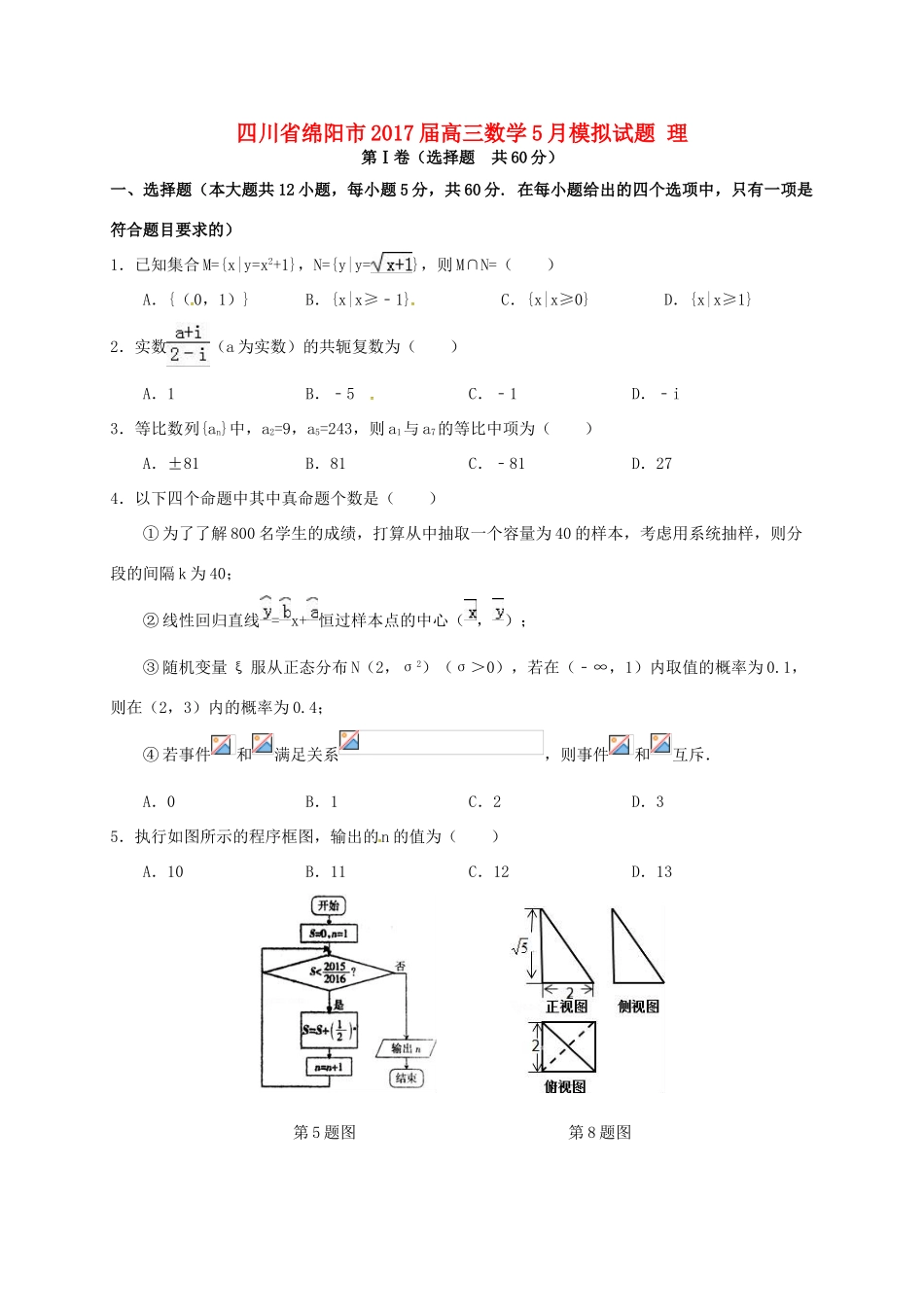 四川省绵阳市高三数学5月模拟试题 理-人教版高三全册数学试题_第1页