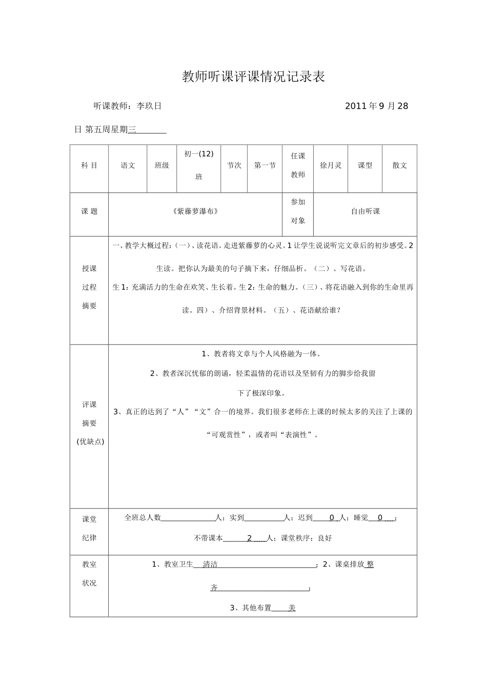 教师听课评课情况记录表_第1页