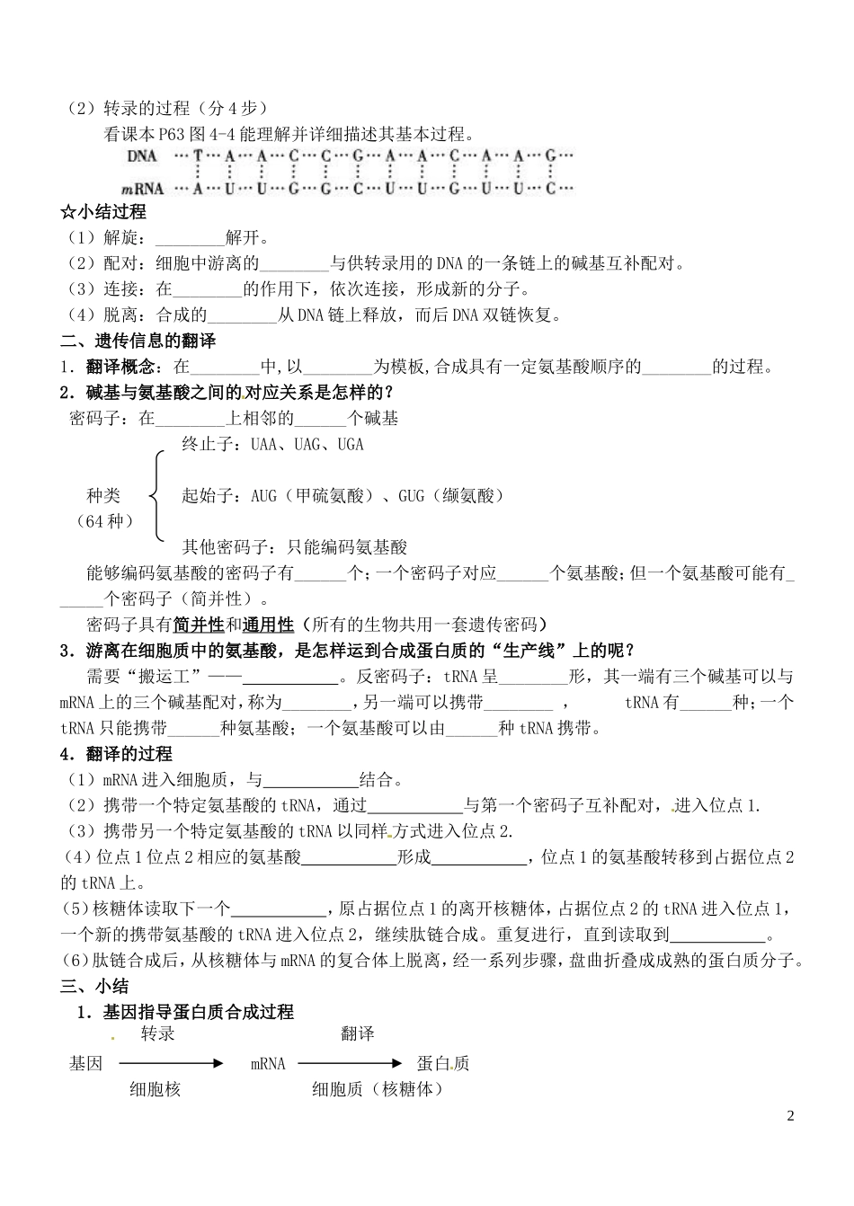 山东省德州市高中生物 第4章第1节 基因指导蛋白质合成学案 新人教版必修2_第2页