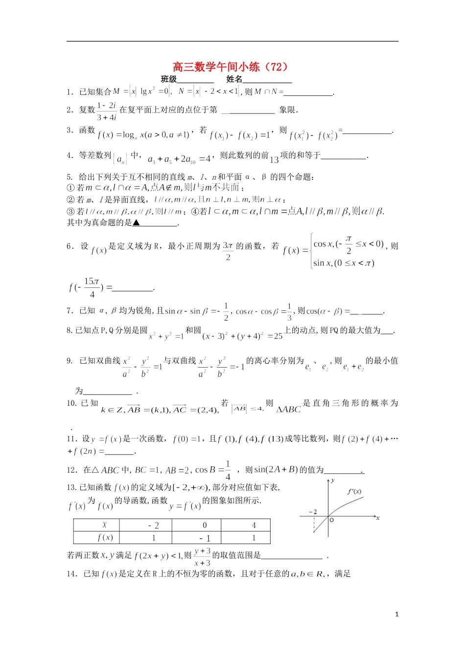 江苏省宿迁市剑桥国际学校高三数学午练（72） 苏教版_第1页