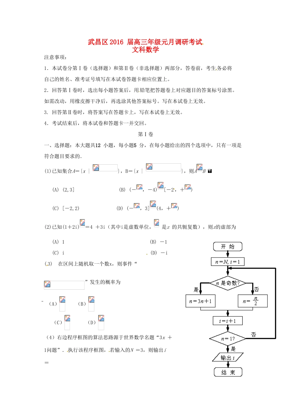 湖北省武汉市武昌区高三数学元月调研考试试题 文-人教版高三全册数学试题_第1页