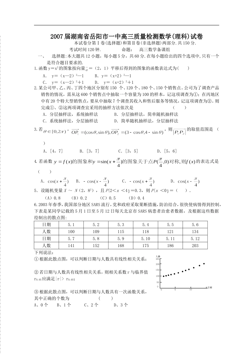 湖南省岳阳市一中上学期高三数学理科质量检测试卷_第1页