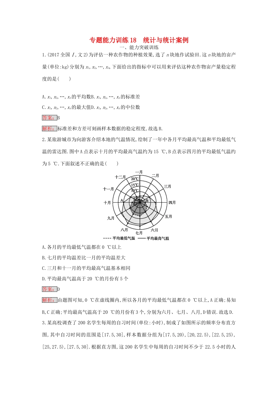 天津市高考数学二轮复习 专题能力训练18 统计与统计案例 文-人教版高三全册数学试题_第1页