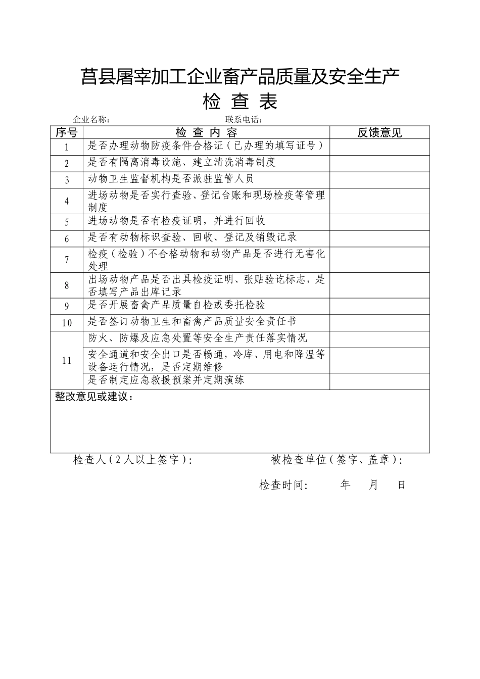 莒县畜牧兽医局安全生产检查表_第1页