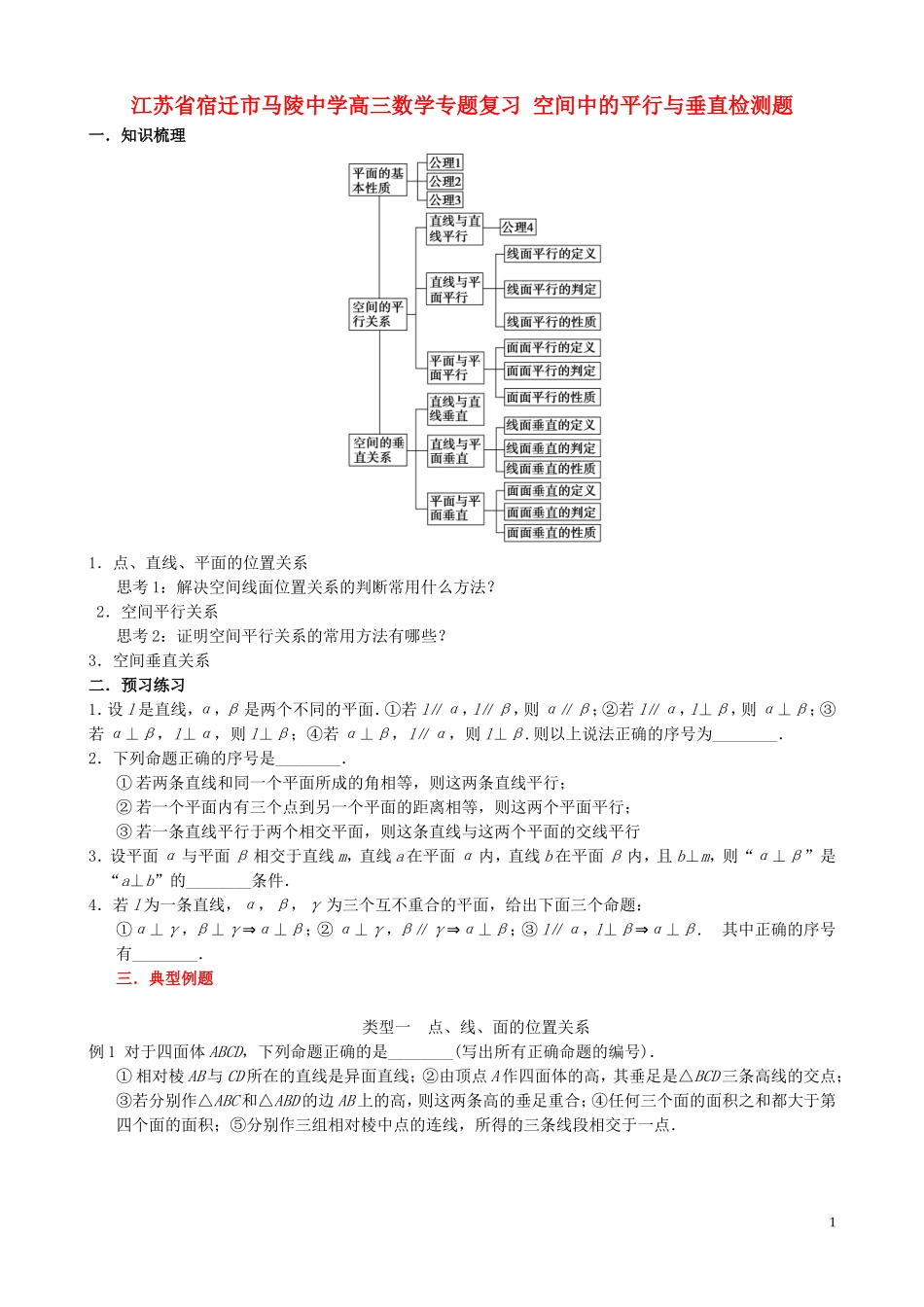江苏省宿迁市马陵中学高三数学专题复习 空间中的平行与垂直检测题_第1页