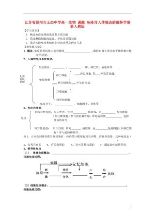 江苏省徐州市王杰中学高一生物 课题 免疫对人体稳态的维持学案 新人教版