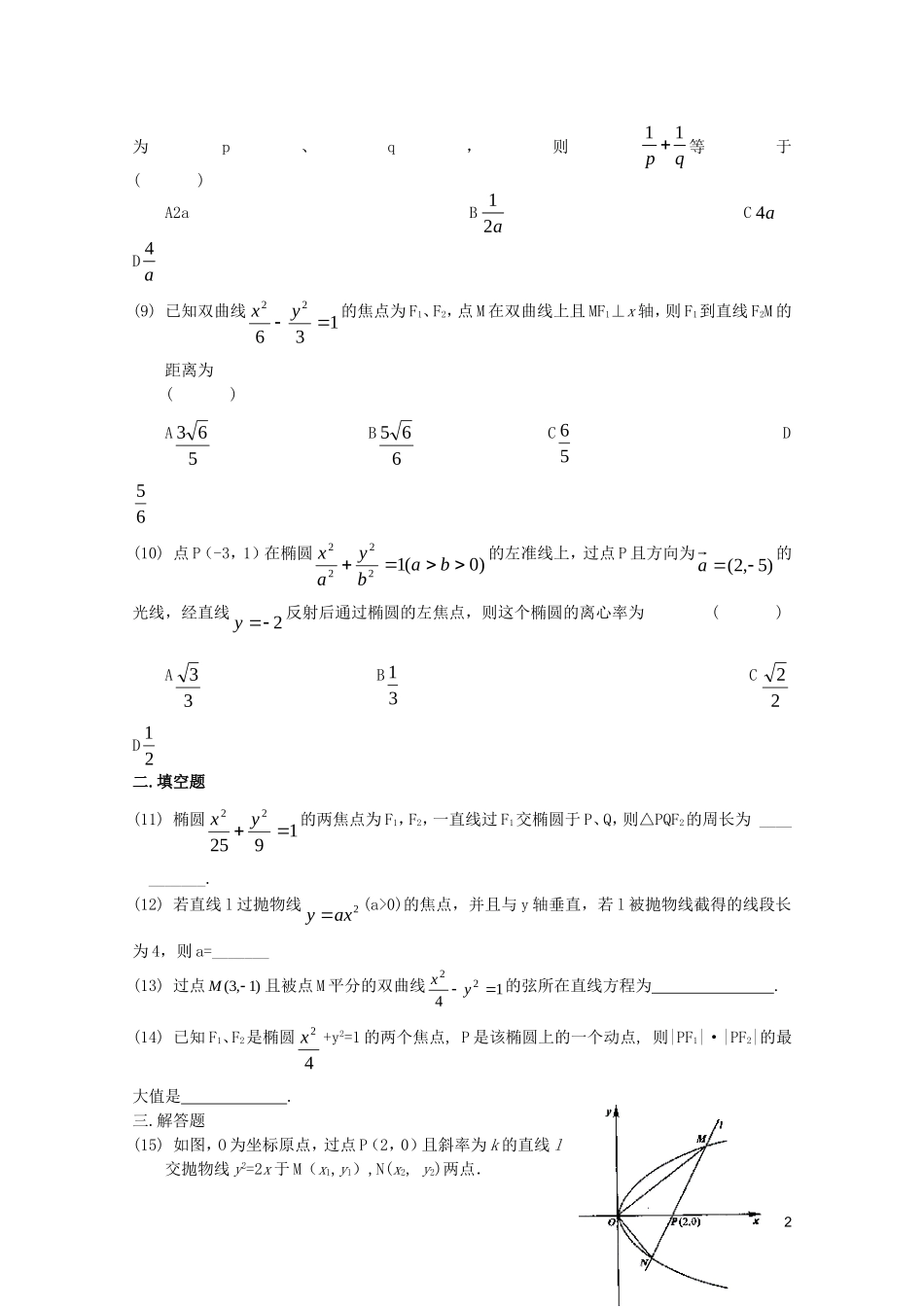 江苏省高考数学第一轮复习第十三单元试卷 直线与圆锥曲线的位置关系 苏教版_第2页