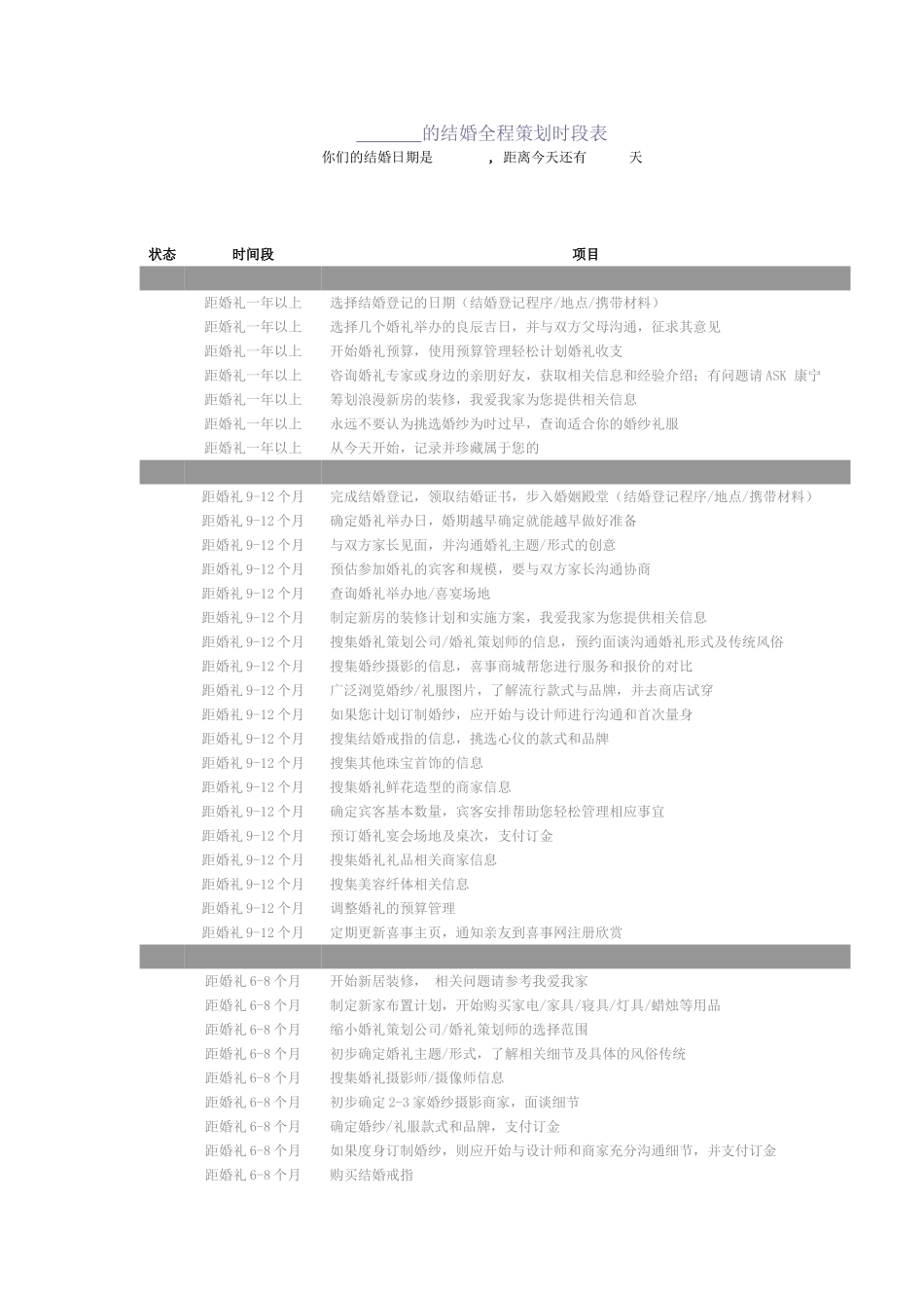 结婚全程时段表和准备婚礼流程表_第1页