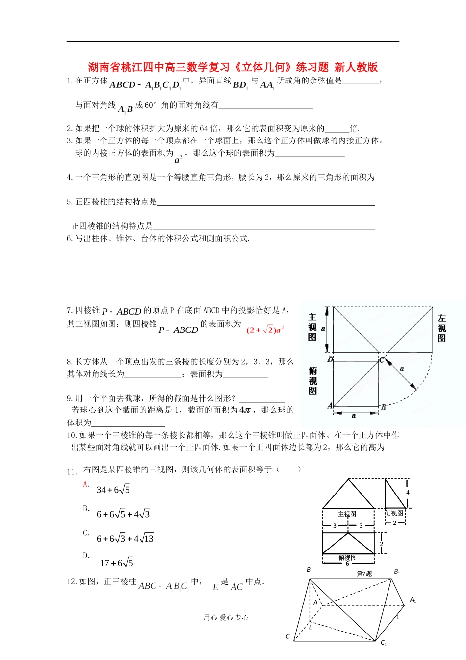 湖南省桃江四中高三数学复习《立体几何》练习题 新人教版_第1页