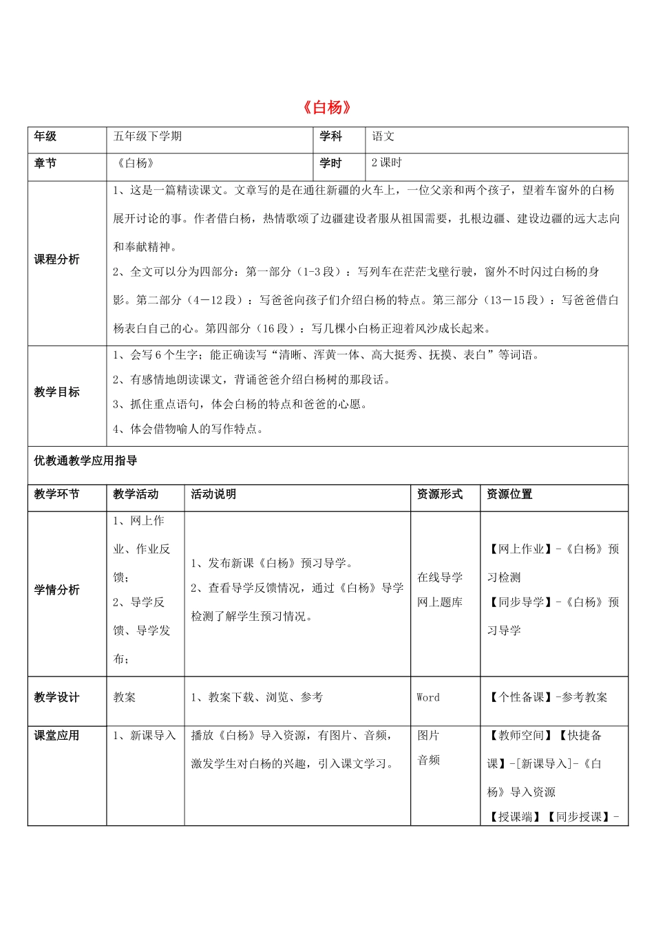 五年级语文下册 3.白杨教学设计 新人教版-新人教版小学五年级下册语文教案_第1页