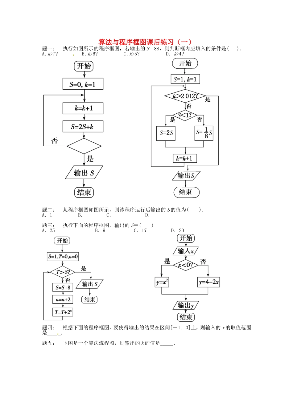 山东省济宁市高考数学专题复习 第1讲 算法与程序框图（一）练习 新人教A版-新人教A版高三全册数学试题_第1页