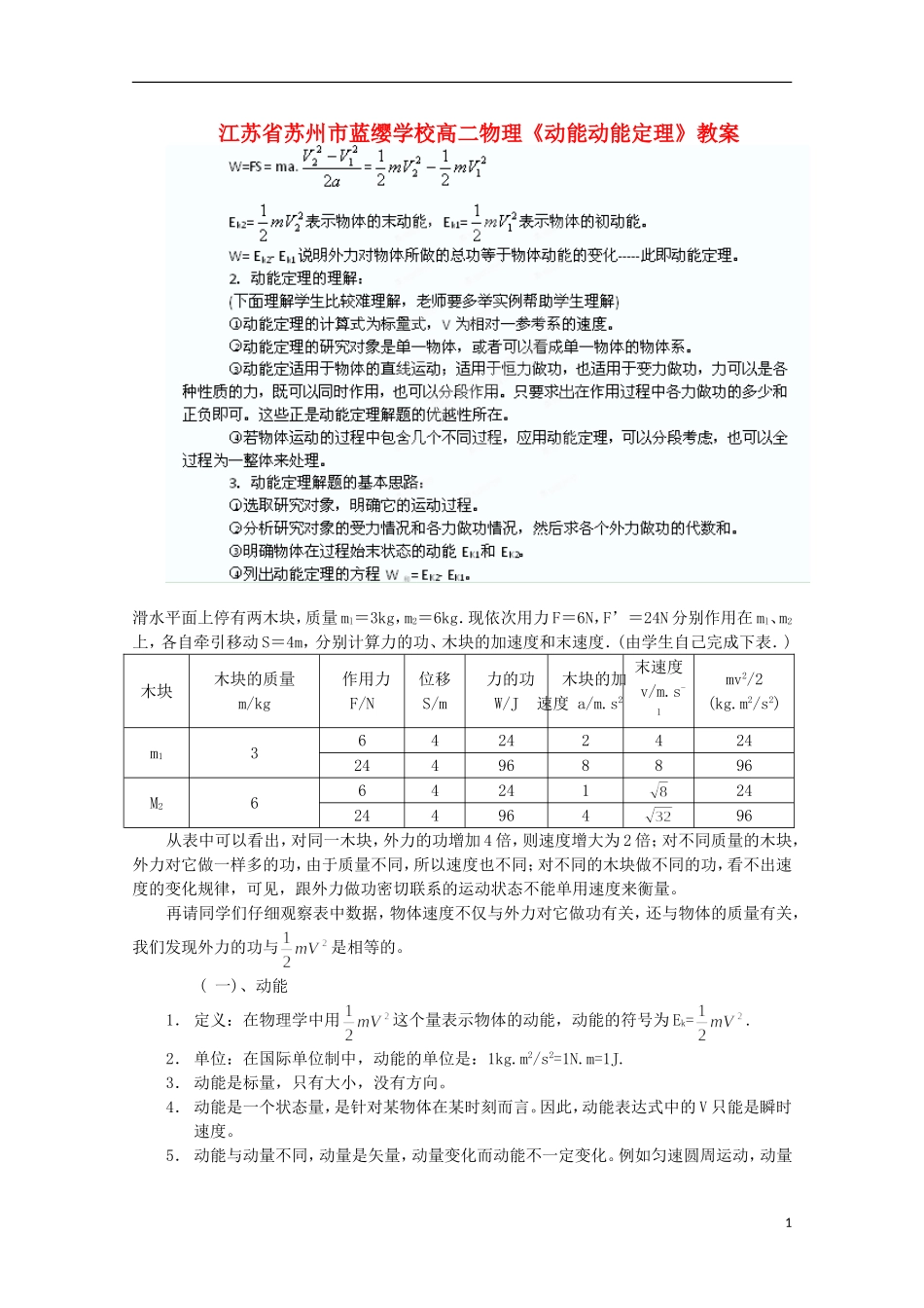 江苏省苏州市蓝缨学校高二物理《动能动能定理》教案_第1页