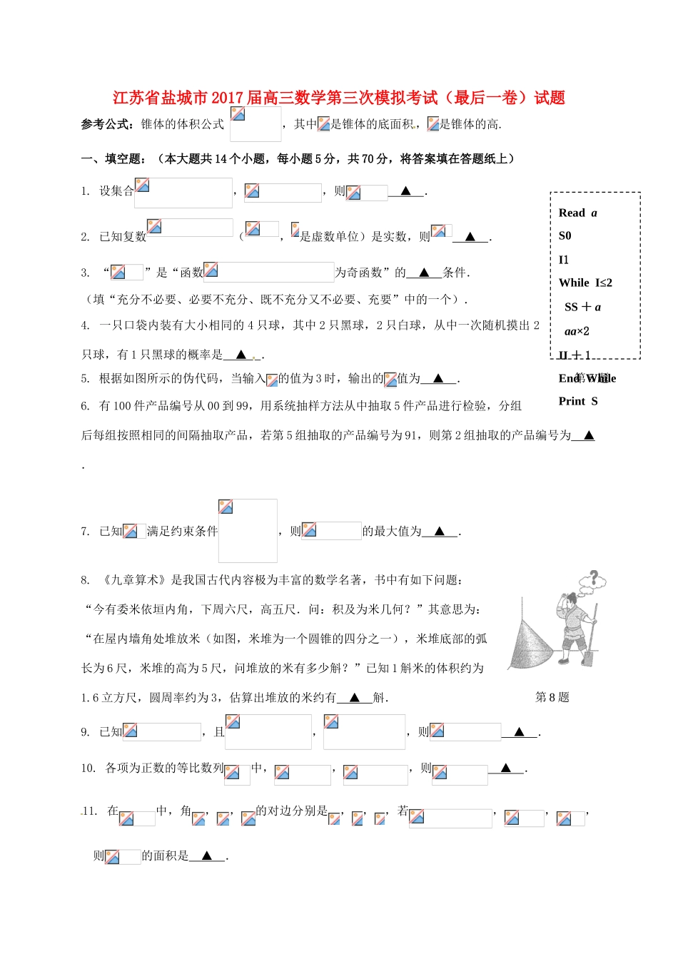 江苏省盐城市高三数学第三次模拟考试（最后一卷）试题-人教版高三全册数学试题_第1页
