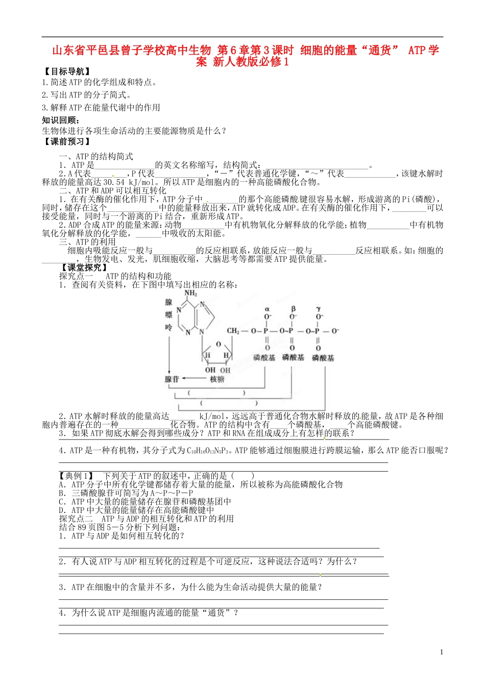 山东省平邑县曾子学校高中生物 第6章第3课时 细胞的能量“通货” ATP学案 新人教版必修1 _第1页