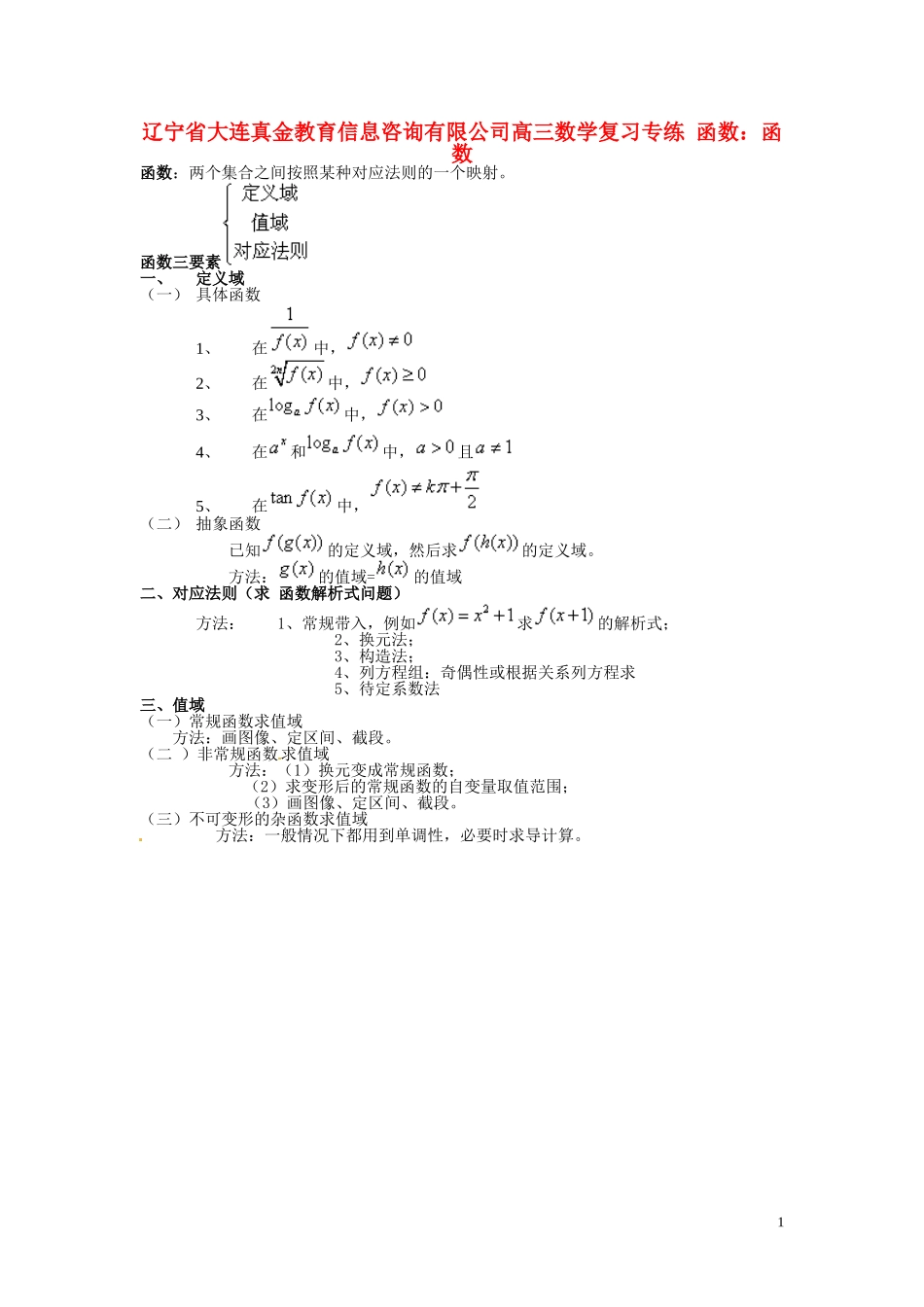辽宁省大连真金教育信息咨询有限公司高三数学 函数 函数复习专练_第1页