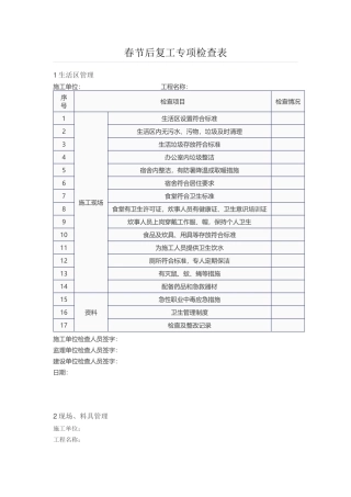节后复工安全检查表