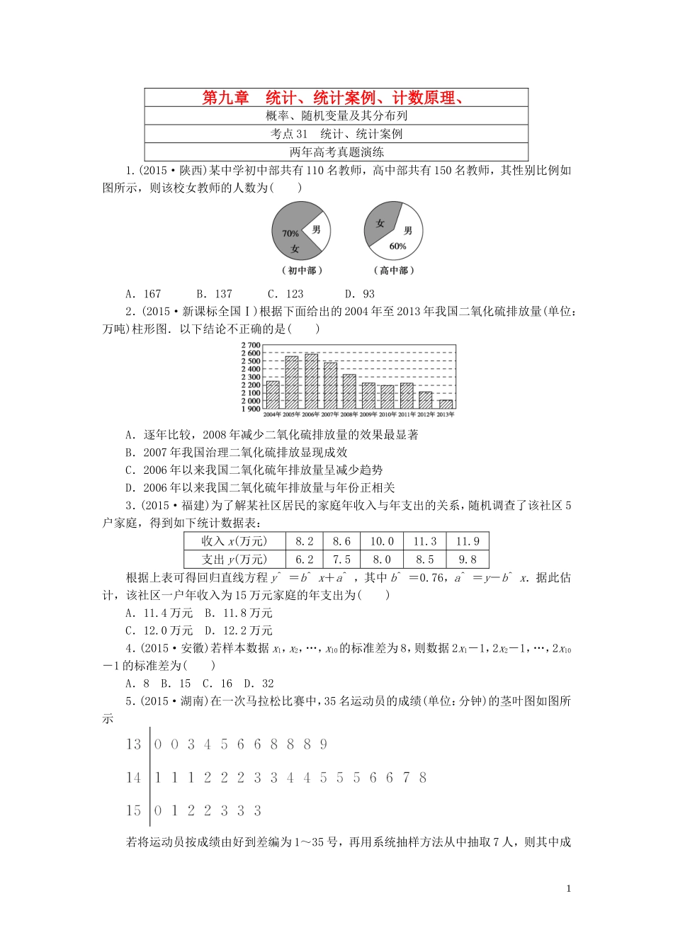一点一练高考数学 第九章 统计、统计案例、计数原理、概率、随机变量及其分布列专题演练 理（含两年高考一年模拟）-人教版高三全册数学试题_第1页