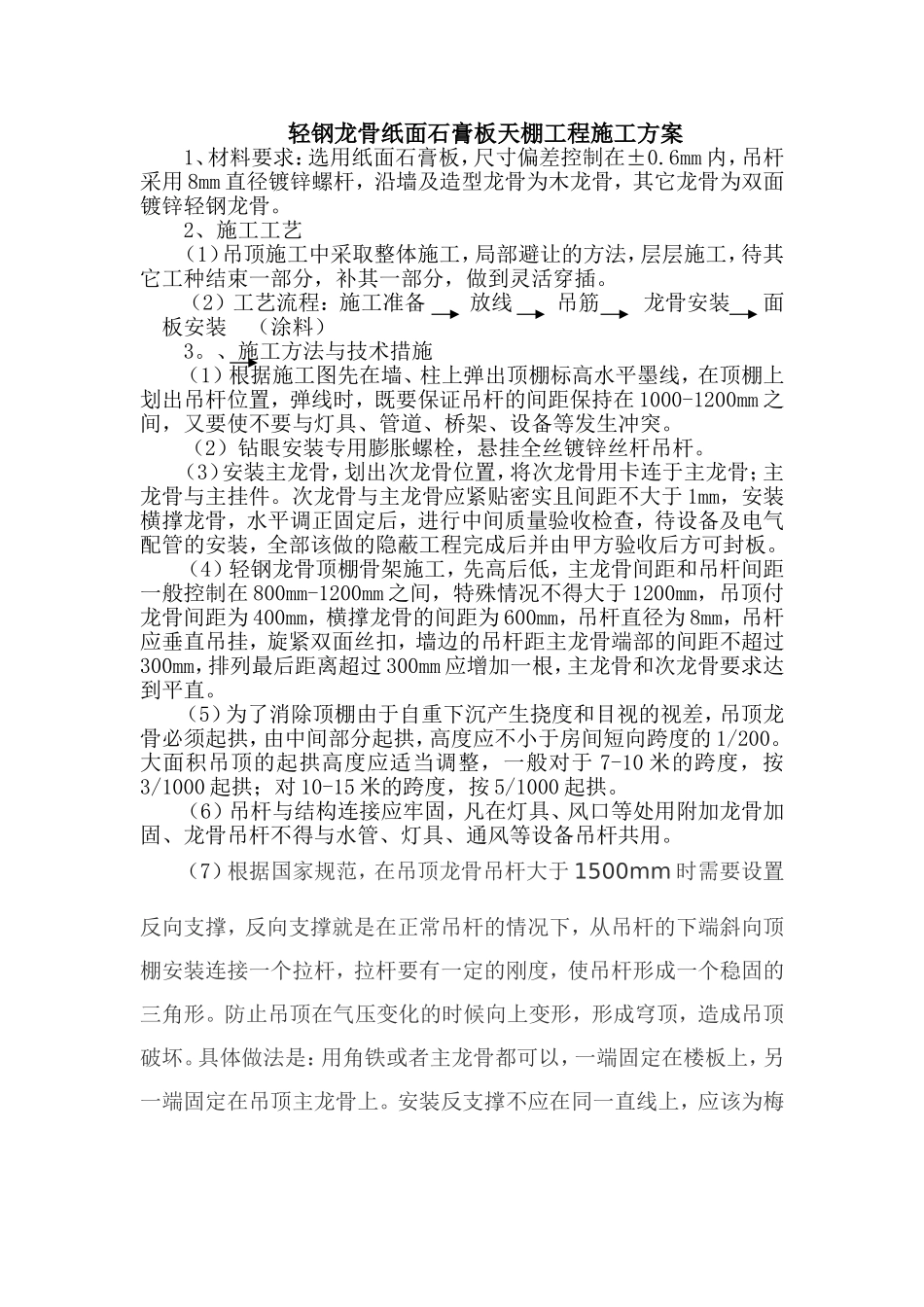 轻钢龙骨纸面石膏板天棚工程施工方案_第1页