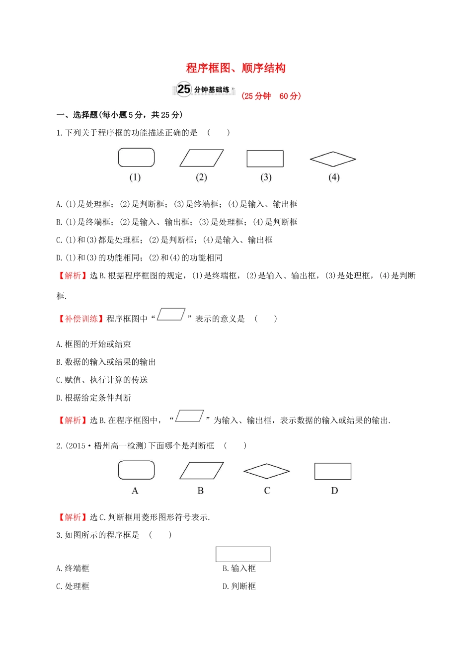 高中数学 第一章 算法初步 1.1.2 第1课时 程序框图、顺序结构课时提升作业1 新人教A版必修3-新人教A版高一必修3数学试题_第1页