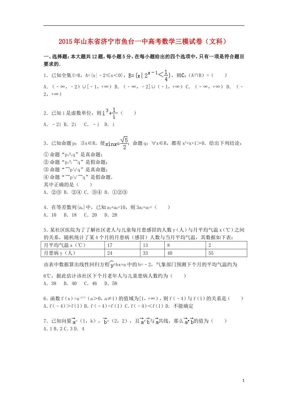 山东省济宁市鱼台一中高三数学下学期第三次模拟试卷 文（含解析）-人教版高三全册数学试题_第1页