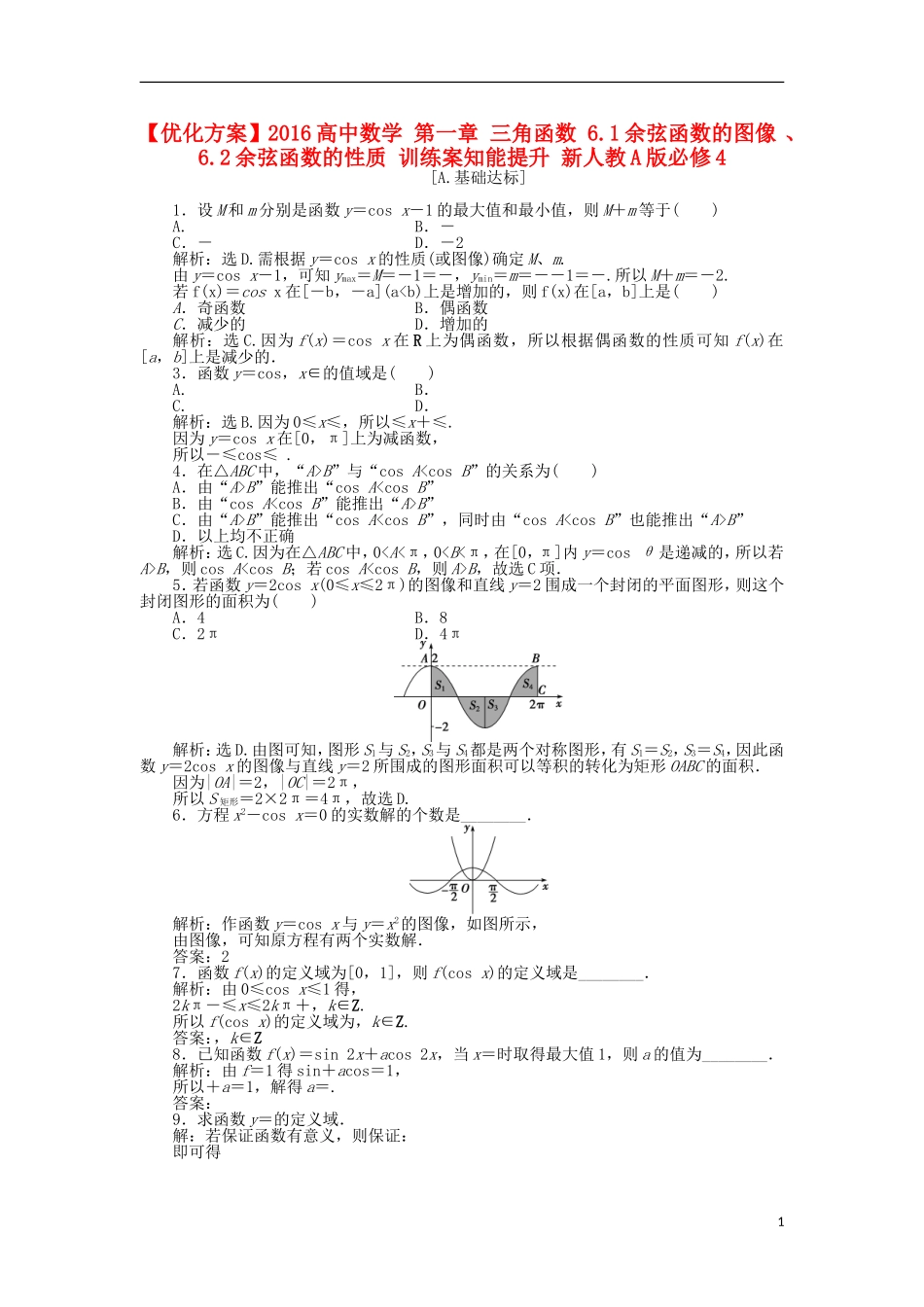 高中数学 第一章 三角函数 6.1余弦函数的图像、6.2余弦函数的性质 训练案知能提升 新人教A版必修4-新人教A版高一必修4数学试题_第1页