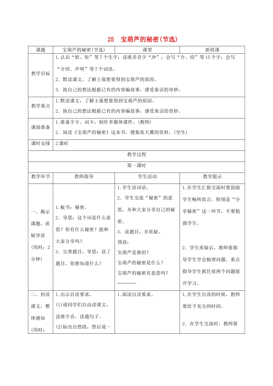 四年级语文下册 第八单元 25 宝葫芦的秘密（节选）教案 新人教版-新人教版小学四年级下册语文教案_第1页