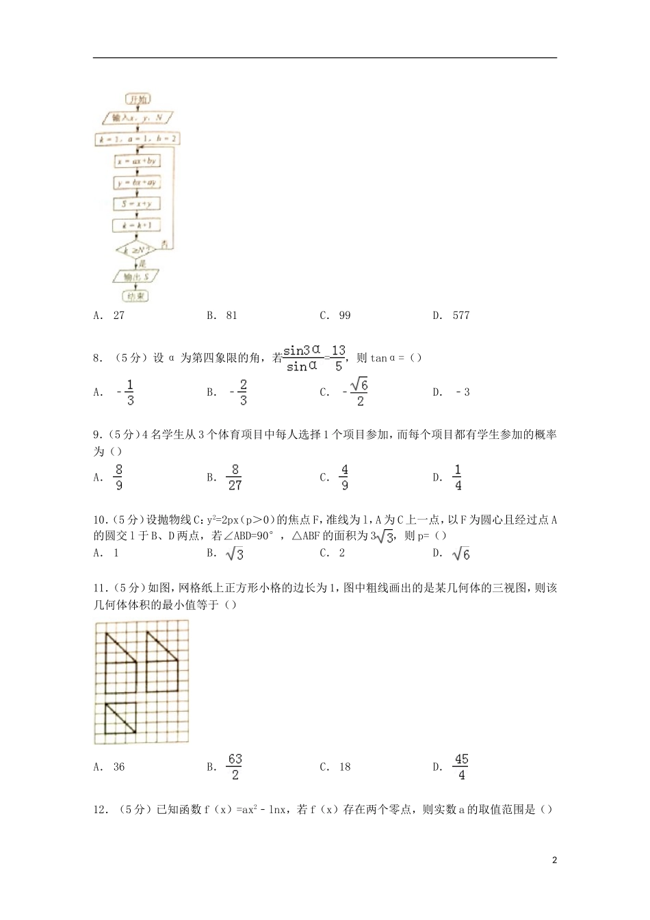 云南省昆明一中高三数学上学期摸底试卷 理（含解析）-人教版高三全册数学试题_第2页