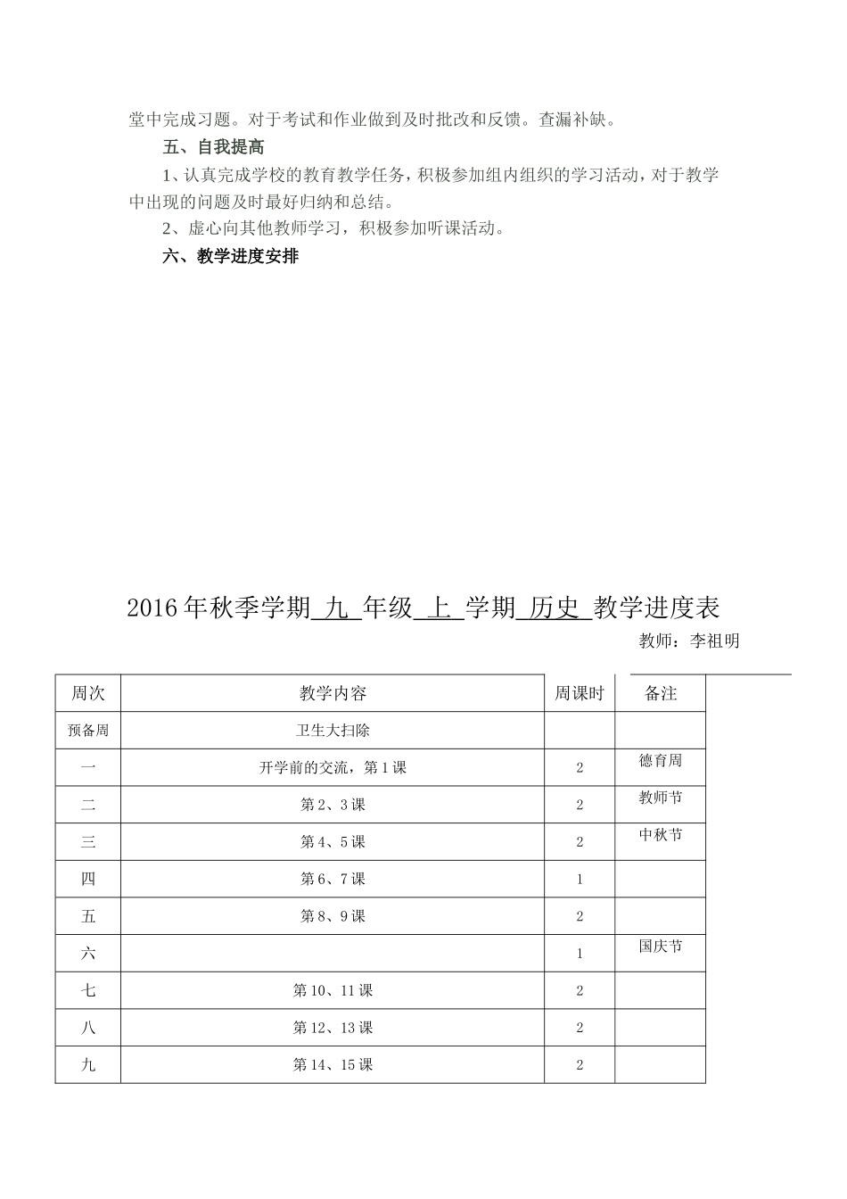 九年级历史上学期教学工作计划及教学进度表_第3页