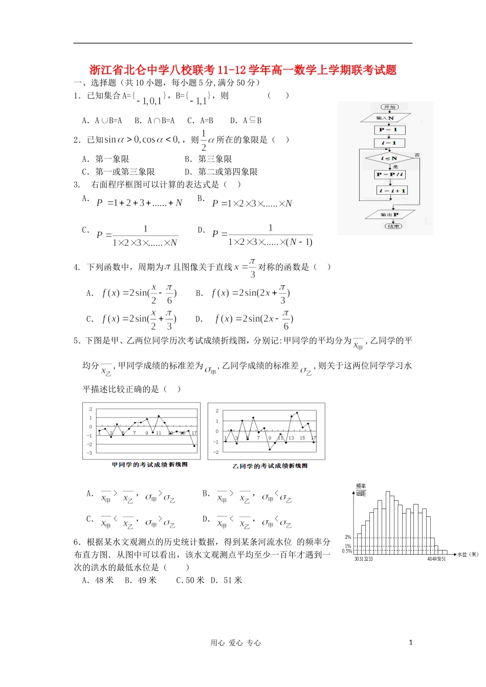 浙江省北仑中学八校联考11-12学年高一数学上学期联考试题_第1页