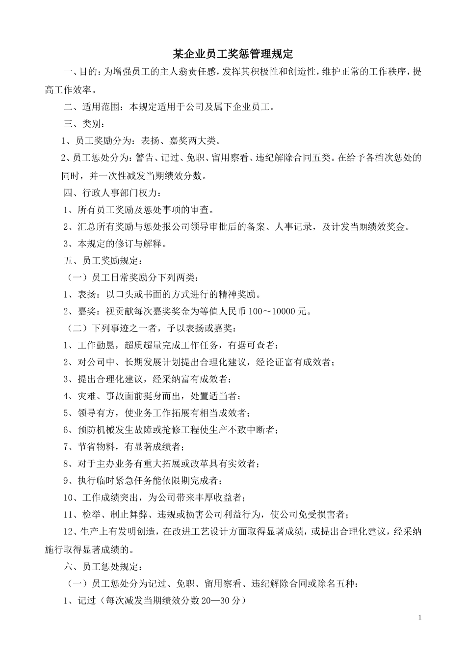 某企业员工奖惩管理规定_第1页