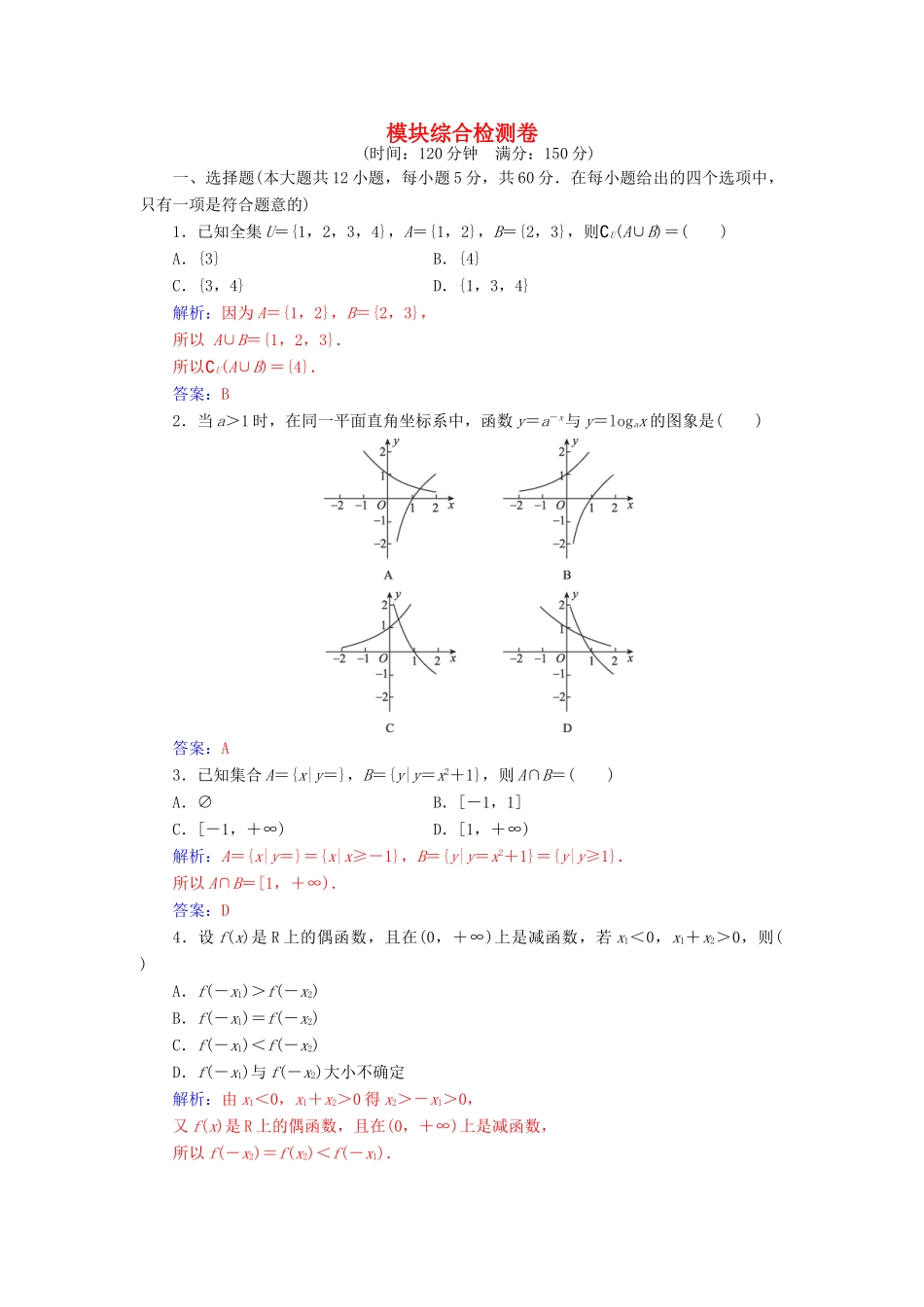 高中数学 模块综合检测卷 苏教版必修1-苏教版高一必修1数学试题_第1页