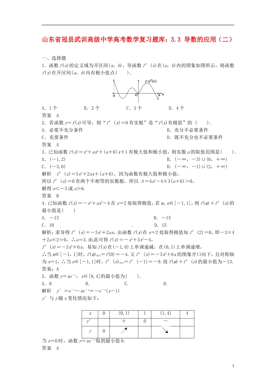 山东省冠县武训高级中学高考数学 3.3 导数的应用（二）复习题库_第1页